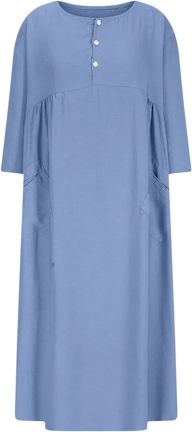 Linen Dress for Women Button Down Casual Crewneck Long Sleeve Dress Flowy Summer Vacation Beach Dress with Pockets