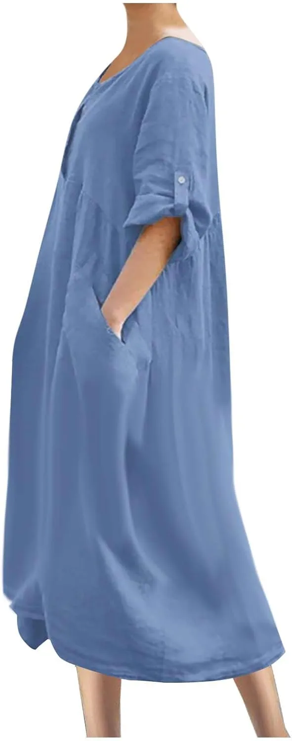Linen Dress for Women Button Down Casual Crewneck Long Sleeve Dress Flowy Summer Vacation Beach Dress with Pockets