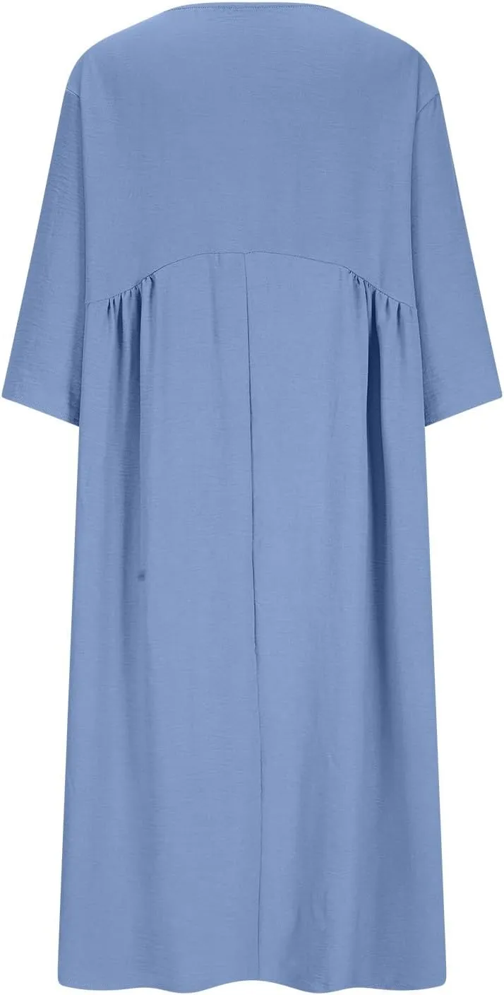 Linen Dress for Women Button Down Casual Crewneck Long Sleeve Dress Flowy Summer Vacation Beach Dress with Pockets