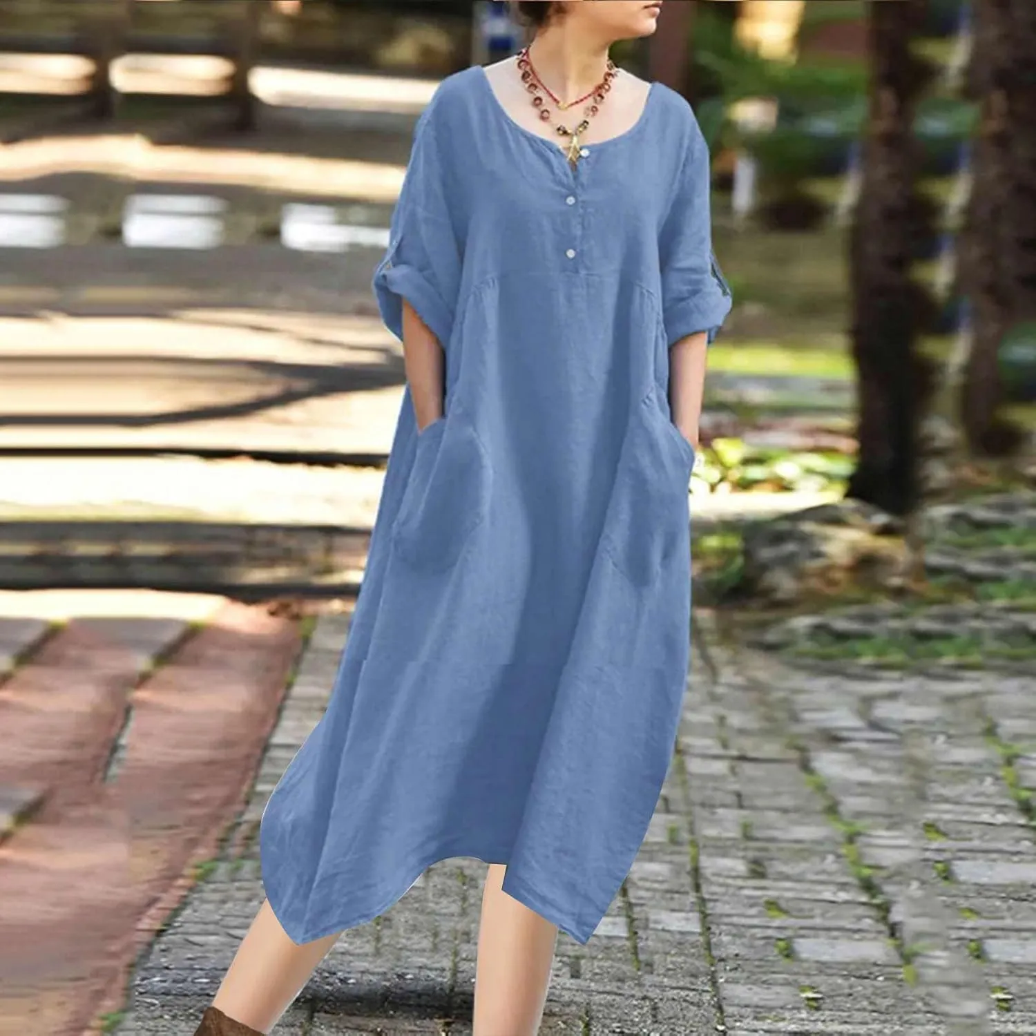 Linen Dress for Women Button Down Casual Crewneck Long Sleeve Dress Flowy Summer Vacation Beach Dress with Pockets
