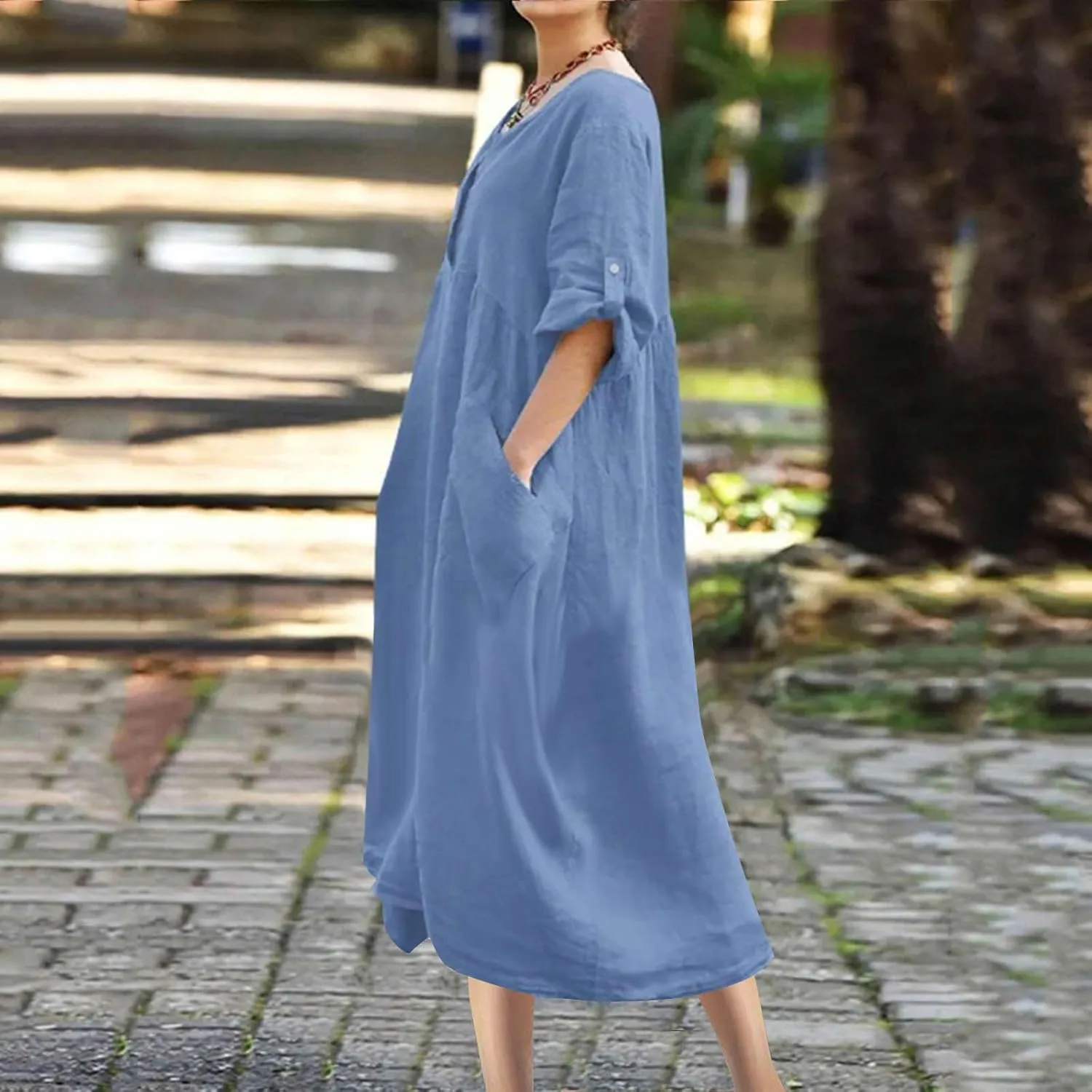 Linen Dress for Women Button Down Casual Crewneck Long Sleeve Dress Flowy Summer Vacation Beach Dress with Pockets