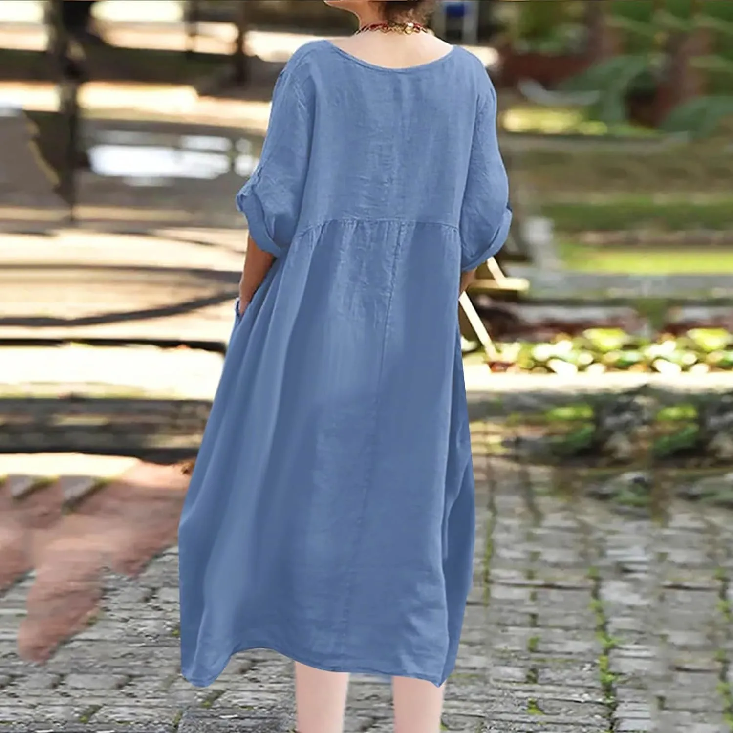 Linen Dress for Women Button Down Casual Crewneck Long Sleeve Dress Flowy Summer Vacation Beach Dress with Pockets
