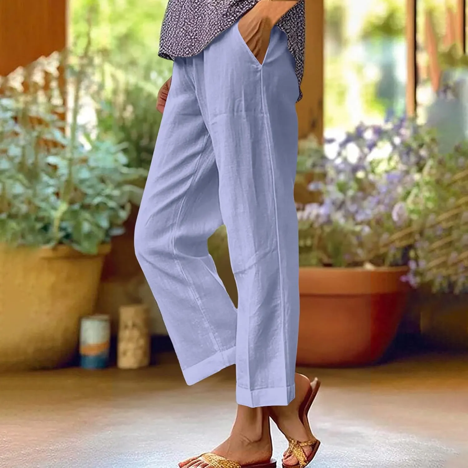 Linen Pants Women 2025 Summer Elastic High Waist Straight Leg Lounge Pant Casual Beach Comfy Soft Trouser Resort Wear