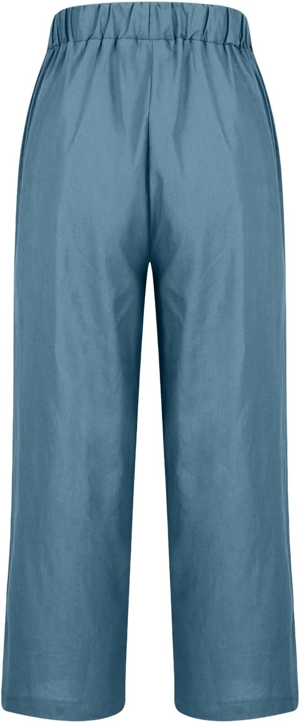 Linen Pants Women 2025 Summer Elastic High Waist Straight Leg Lounge Pant Casual Beach Comfy Soft Trouser Resort Wear