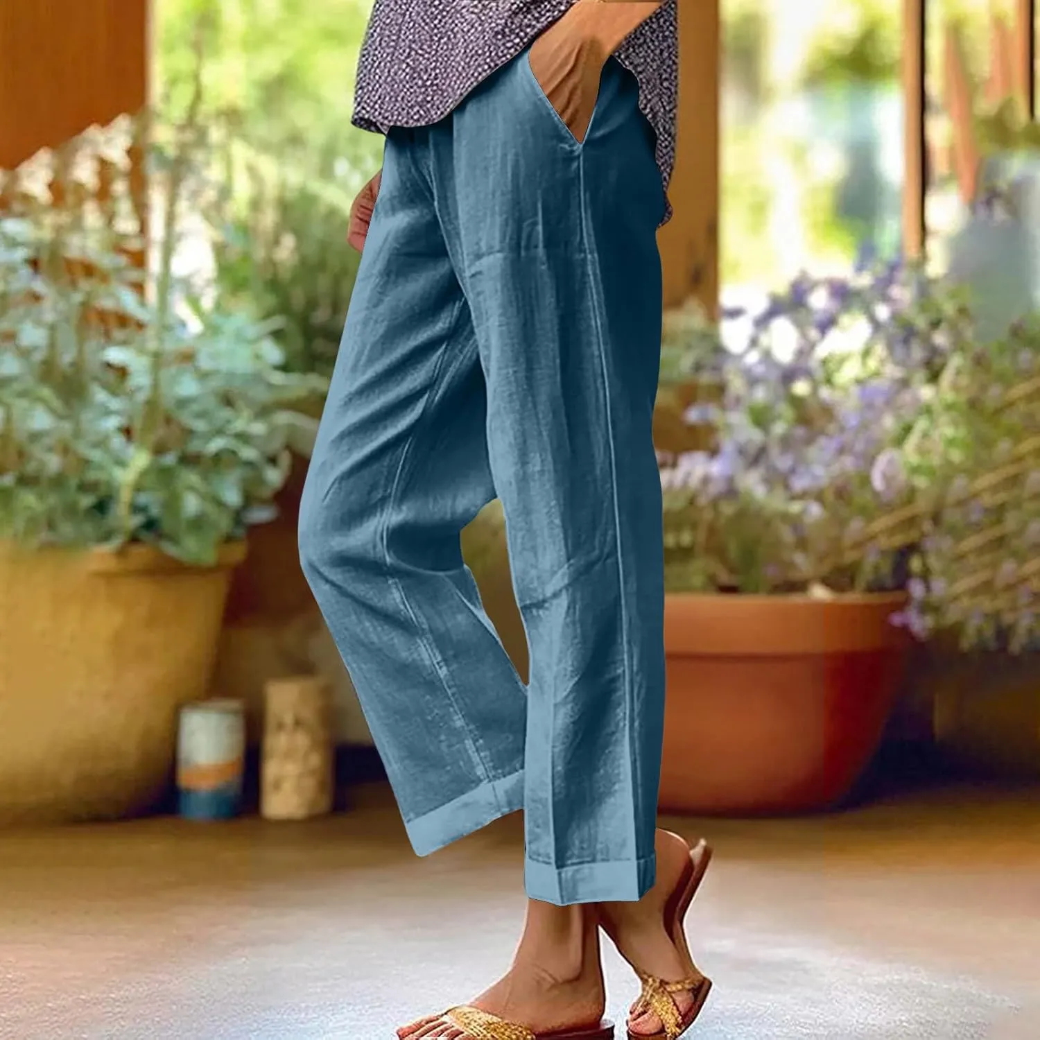 Linen Pants Women 2025 Summer Elastic High Waist Straight Leg Lounge Pant Casual Beach Comfy Soft Trouser Resort Wear