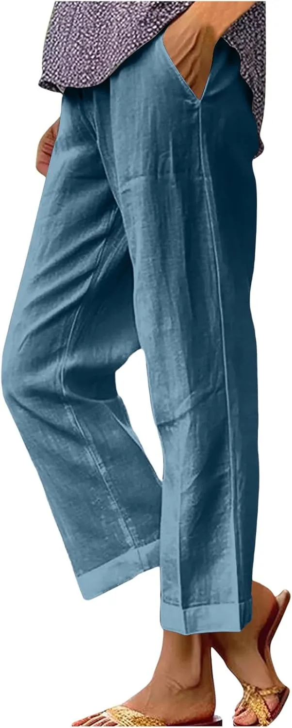 Linen Pants Women 2025 Summer Elastic High Waist Straight Leg Lounge Pant Casual Beach Comfy Soft Trouser Resort Wear