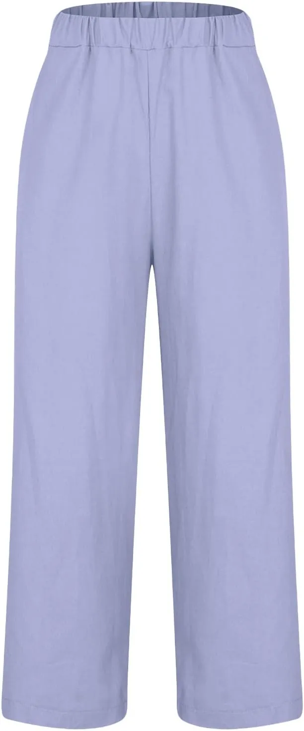 Linen Pants Women 2025 Summer Elastic High Waist Straight Leg Lounge Pant Casual Beach Comfy Soft Trouser Resort Wear