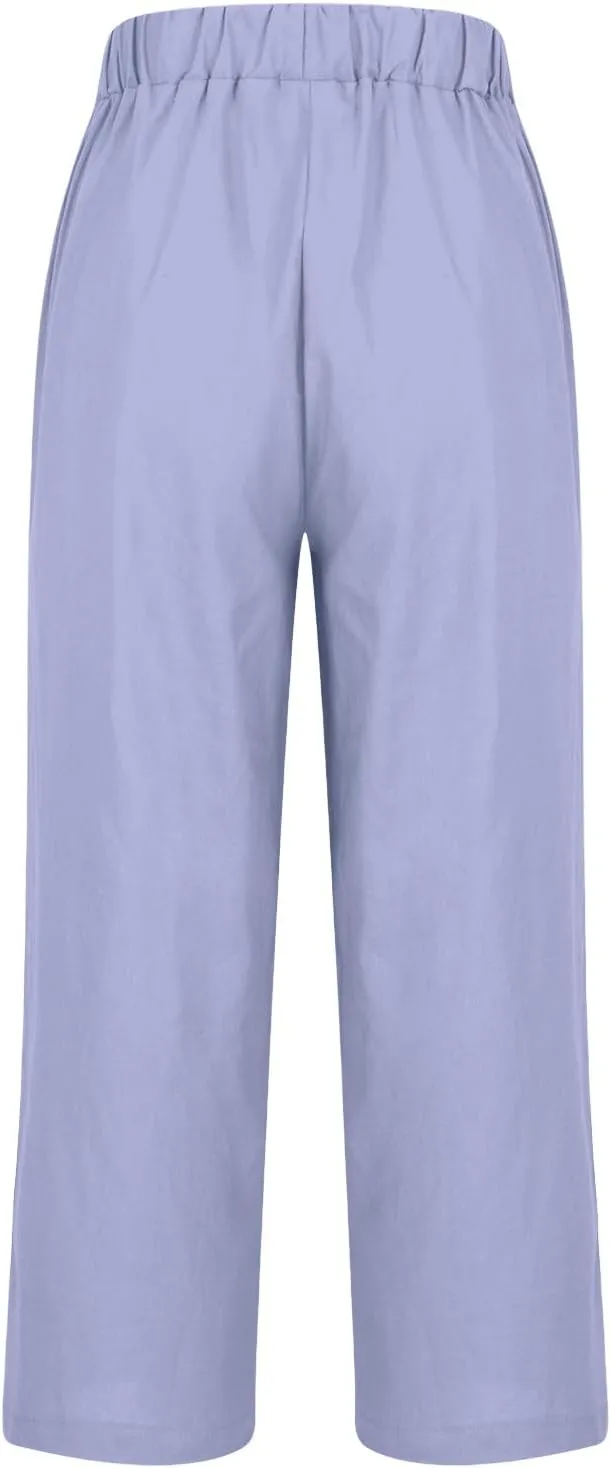 Linen Pants Women 2025 Summer Elastic High Waist Straight Leg Lounge Pant Casual Beach Comfy Soft Trouser Resort Wear