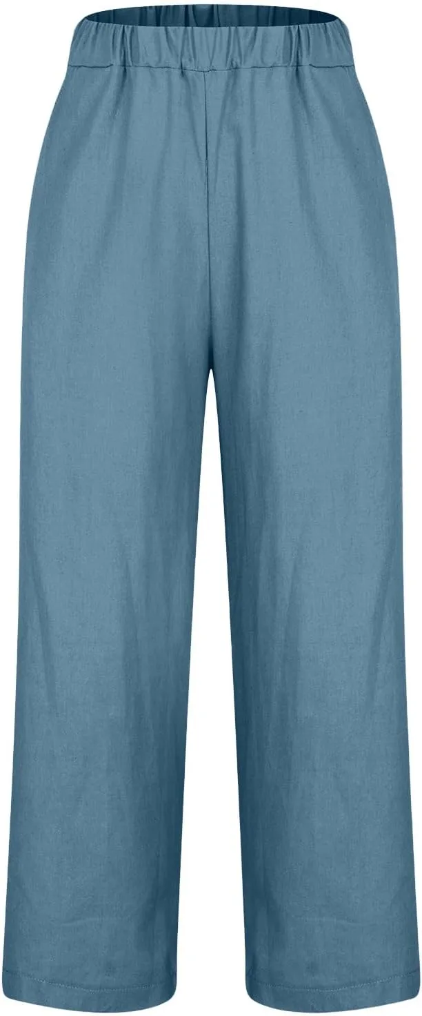 Linen Pants Women 2025 Summer Elastic High Waist Straight Leg Lounge Pant Casual Beach Comfy Soft Trouser Resort Wear