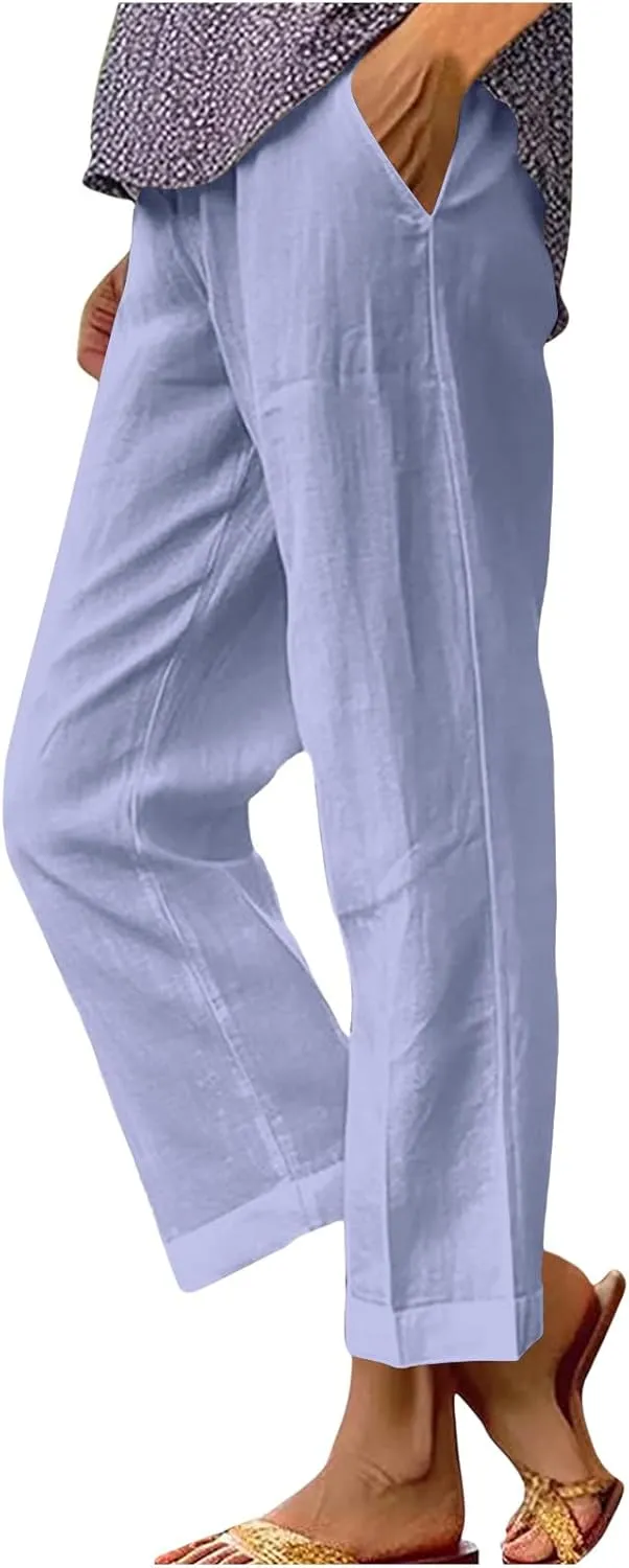 Linen Pants Women 2025 Summer Elastic High Waist Straight Leg Lounge Pant Casual Beach Comfy Soft Trouser Resort Wear