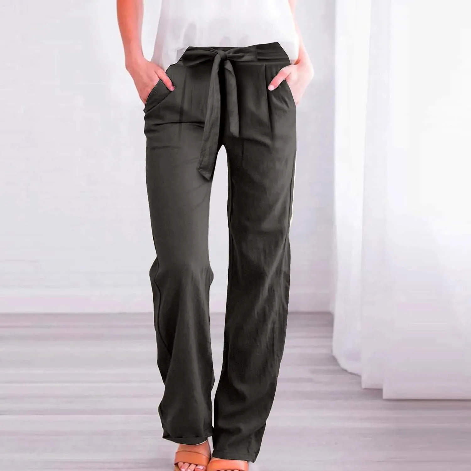 Linen Pants Women Drawstring Plus Size High Waisted Casual Pants Summer Beach Pants Soft Cotton Linen Pants with Pockets