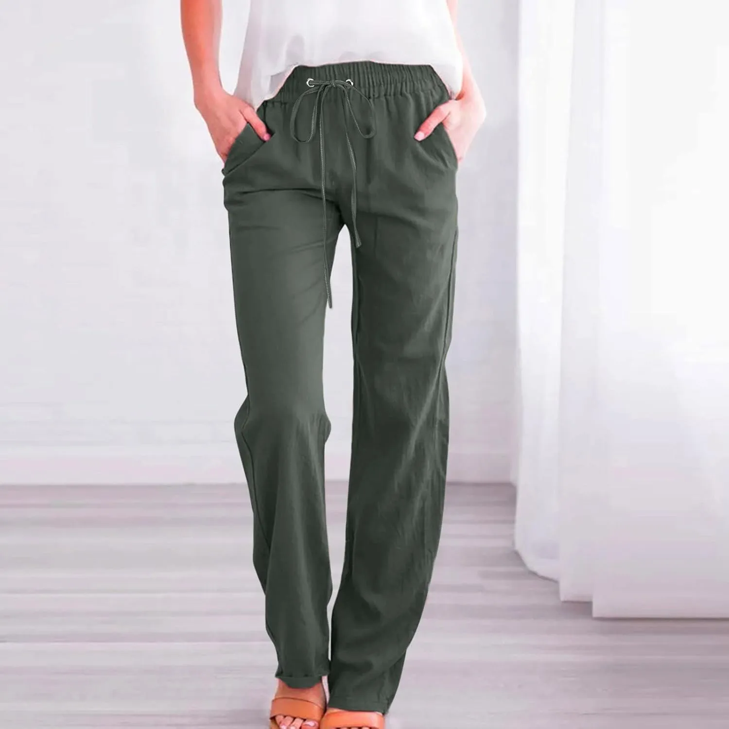 Linen Pants Women Petite Women's Elastic Waist Pants - Soft Cotton Linen Summer Lounge Wear Plus Size Comfort