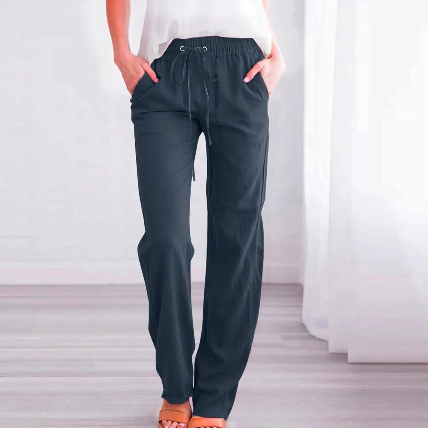 Linen Pants Women Petite Women's Elastic Waist Pants - Soft Cotton Linen Summer Lounge Wear Plus Size Comfort