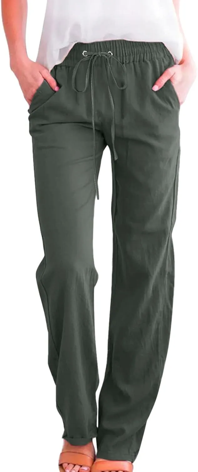 Linen Pants Women Petite Women's Elastic Waist Pants - Soft Cotton Linen Summer Lounge Wear Plus Size Comfort