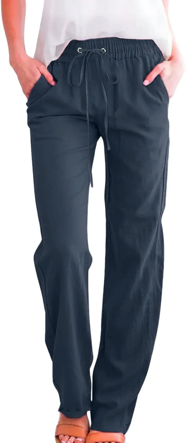Linen Pants Women Petite Women's Elastic Waist Pants - Soft Cotton Linen Summer Lounge Wear Plus Size Comfort