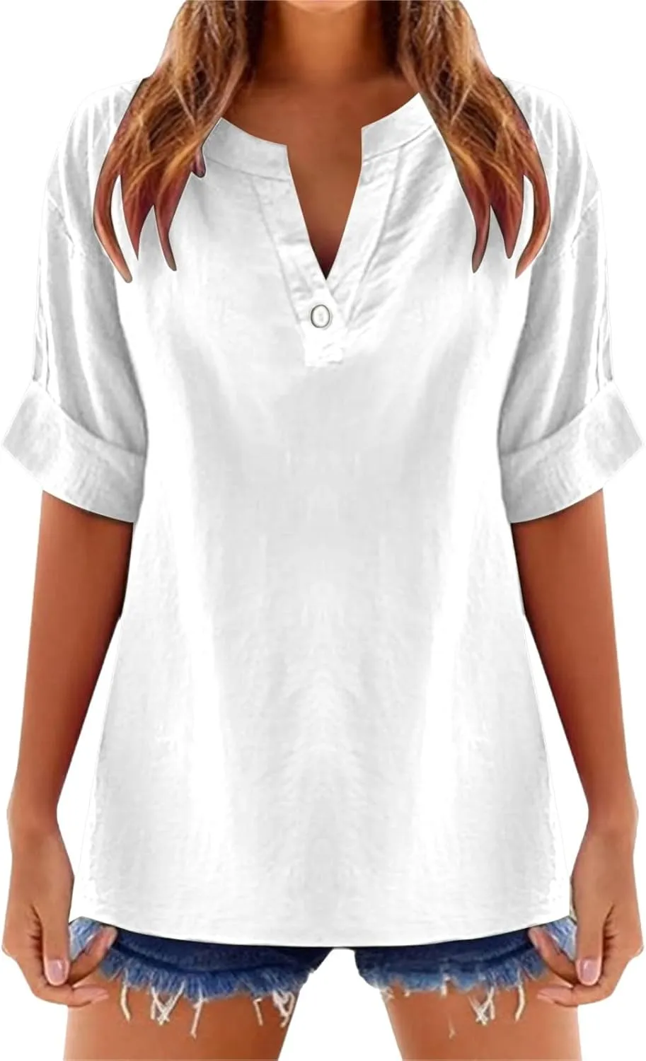 Linen Tops for Women Loose Fitting Summer V Neck Casual Blouses Short Sleeve T Shirts Spring Outfits Trendy Clothes