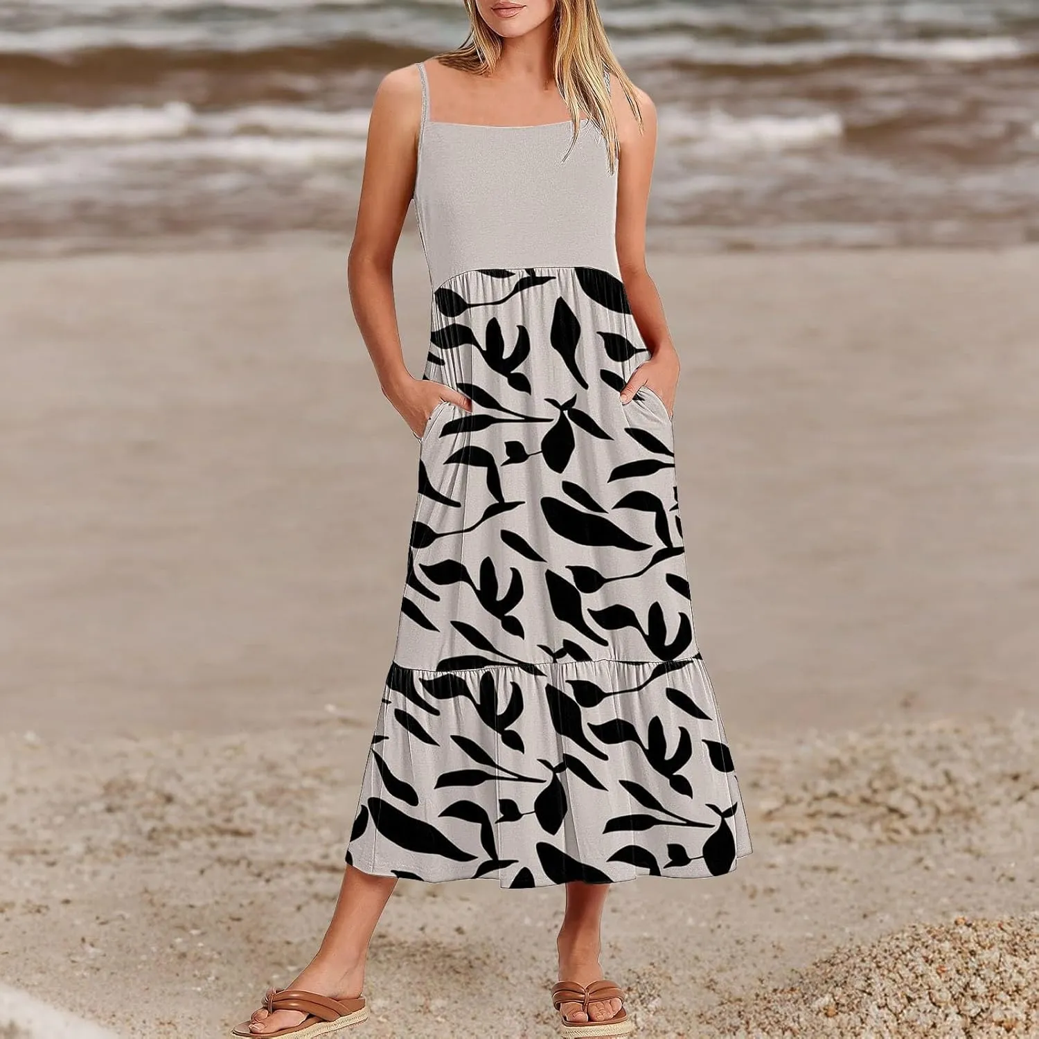 Long Floral Dresses for Women 2025 Beach Casual Elegant Spaghetti Strap Maxi Dress Patchwork Modest Flowy Boho Dress