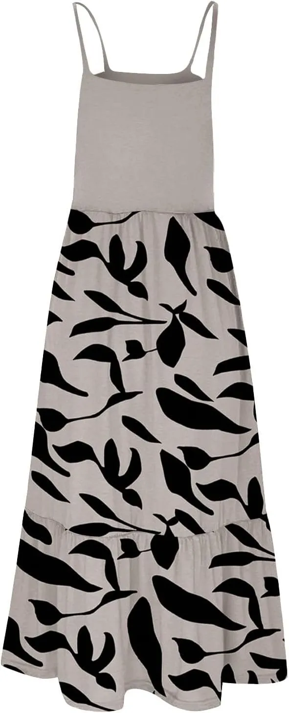 Long Floral Dresses for Women 2025 Beach Casual Elegant Spaghetti Strap Maxi Dress Patchwork Modest Flowy Boho Dress
