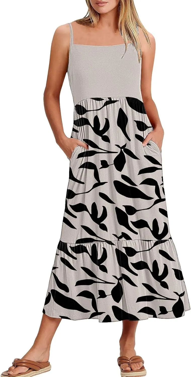 Long Floral Dresses for Women 2025 Beach Casual Elegant Spaghetti Strap Maxi Dress Patchwork Modest Flowy Boho Dress