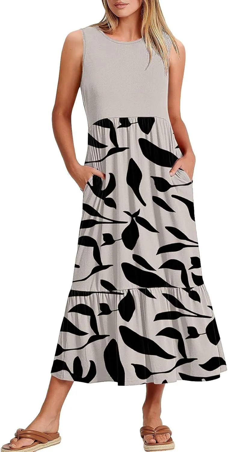 Long Floral Dresses for Women 2025 Beach Casual Elegant Spaghetti Strap Maxi Dress Patchwork Modest Flowy Boho Dress