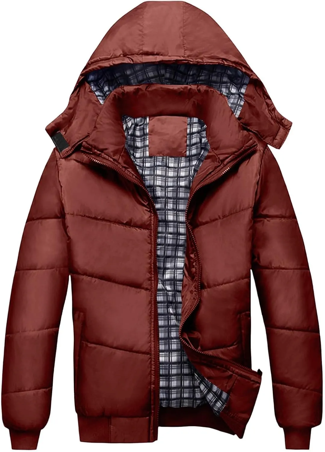 Mens Hooded Down Jacket Winter Zip Up Thicken Quilted Outerwear Plus Size Solid Color Soft Comfy Casual Puffer Coat