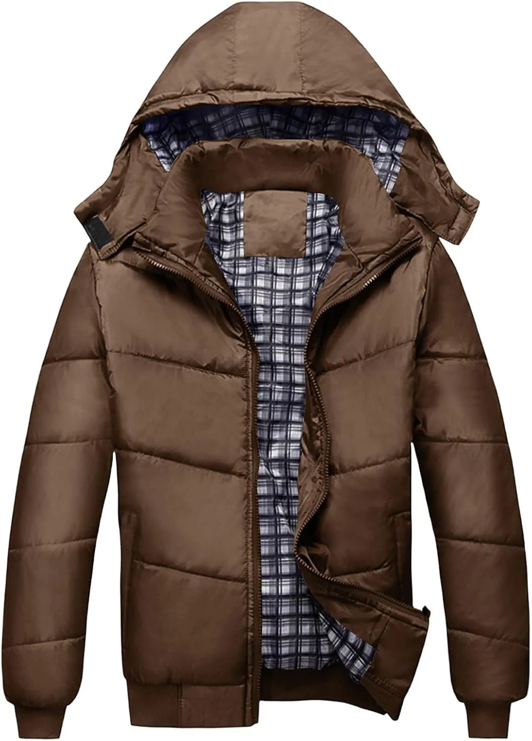 Mens Hooded Down Jacket Winter Zip Up Thicken Quilted Outerwear Plus Size Solid Color Soft Comfy Casual Puffer Coat