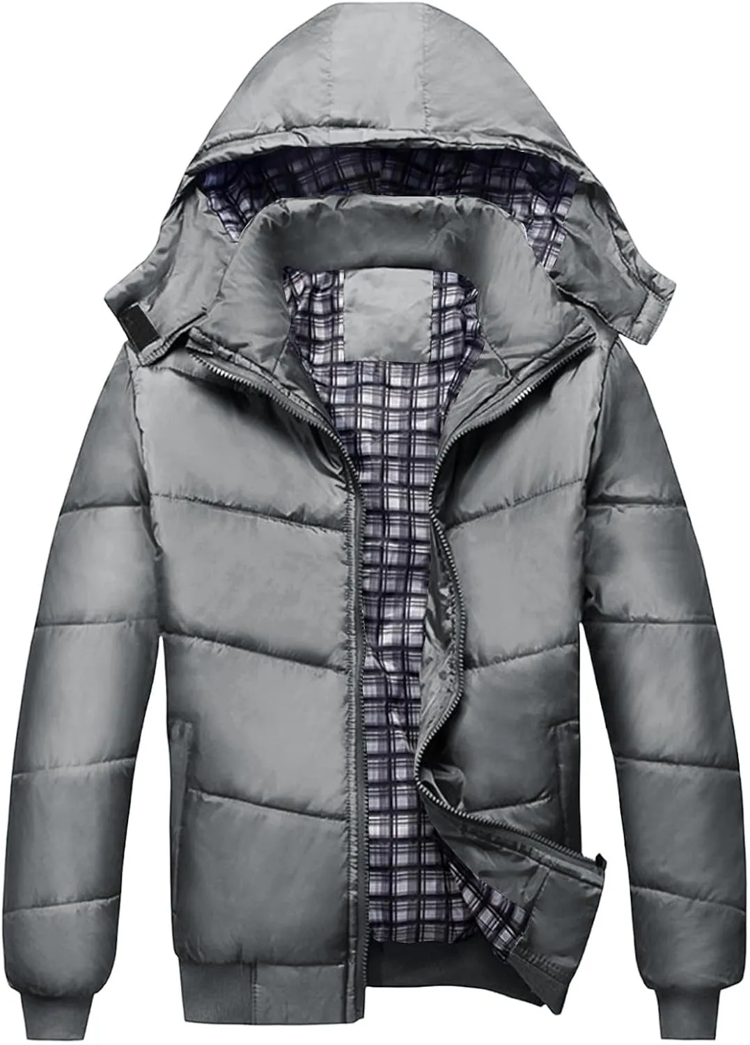 Mens Hooded Down Jacket Winter Zip Up Thicken Quilted Outerwear Plus Size Solid Color Soft Comfy Casual Puffer Coat