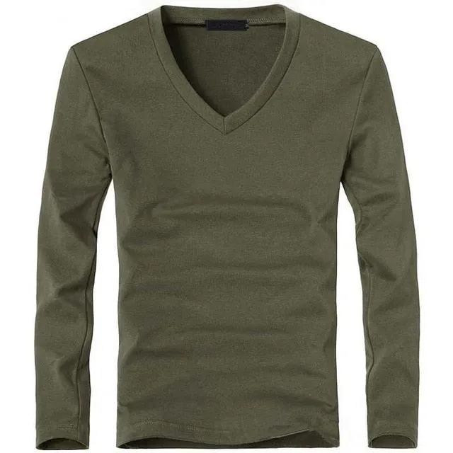 Mens V-Neck Long Sleeve Lycra And Cotton T-Shirt