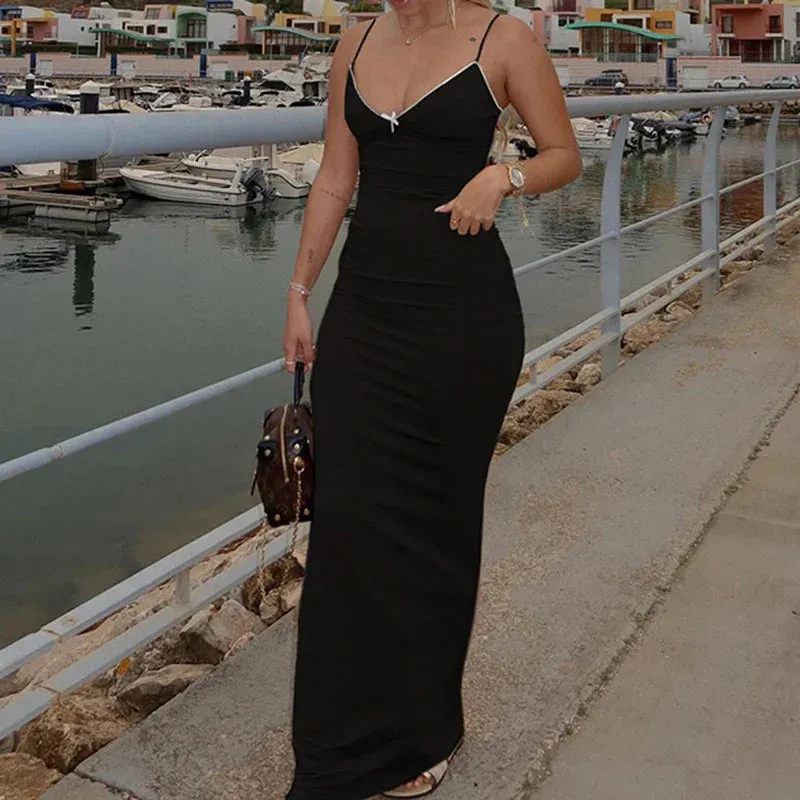 Metaversmall Fashion Elegant Strap Slim Holidays Long Dress Ladies Boho Lace Trim Bow Backless Sexy Summer Dresses Korean Sundress