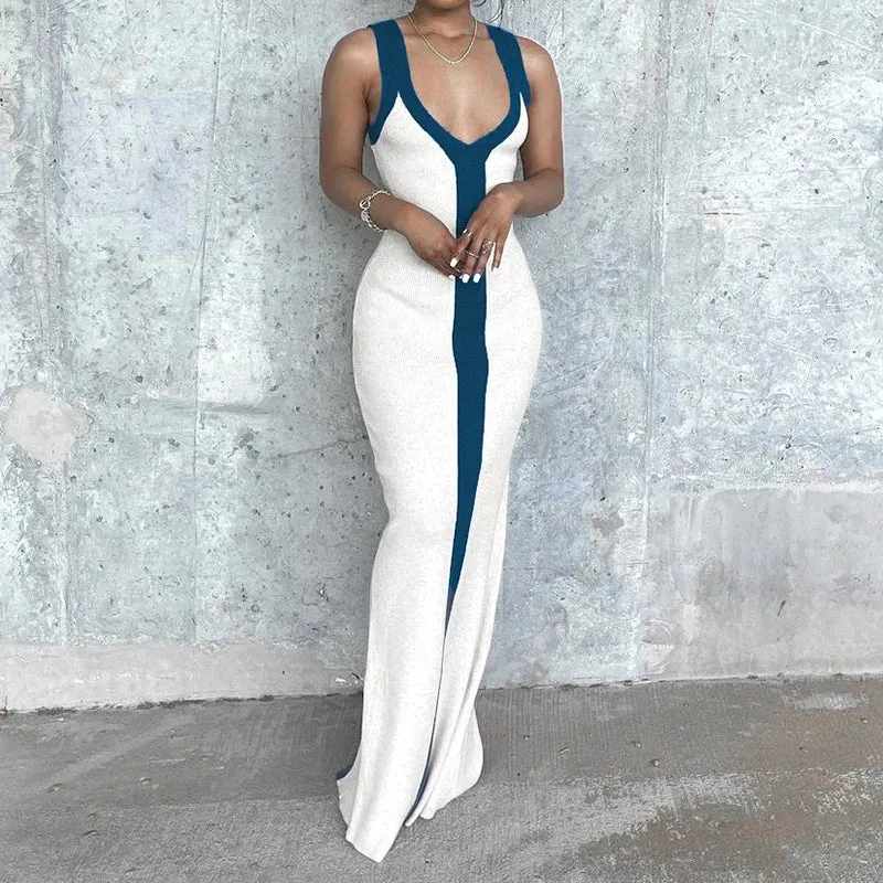 Metaversmall Fashion Strap Elegant Knitted Beach Holidays Long Dress Women Stripe Sleeveless Split Sexy Sundress Summer Dresses