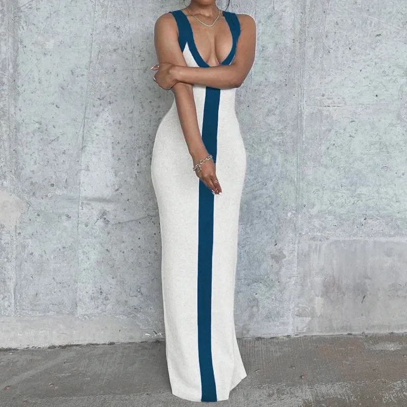 Metaversmall Fashion Strap Elegant Knitted Beach Holidays Long Dress Women Stripe Sleeveless Split Sexy Sundress Summer Dresses