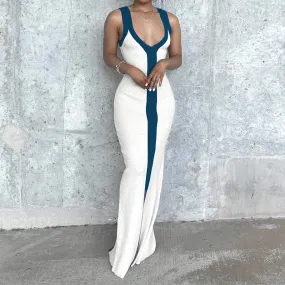 Metaversmall Fashion Strap Elegant Knitted Beach Holidays Long Dress Women Stripe Sleeveless Split Sexy Sundress Summer Dresses