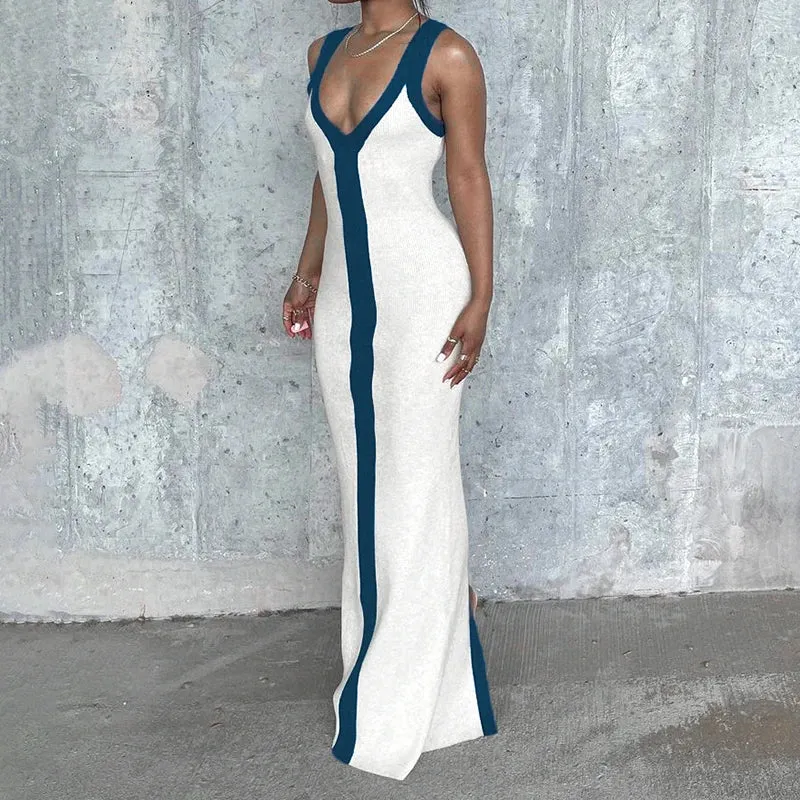 Metaversmall Fashion Strap Elegant Knitted Beach Holidays Long Dress Women Stripe Sleeveless Split Sexy Sundress Summer Dresses