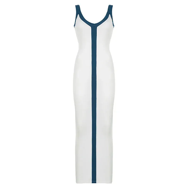 Metaversmall Fashion Strap Elegant Knitted Beach Holidays Long Dress Women Stripe Sleeveless Split Sexy Sundress Summer Dresses