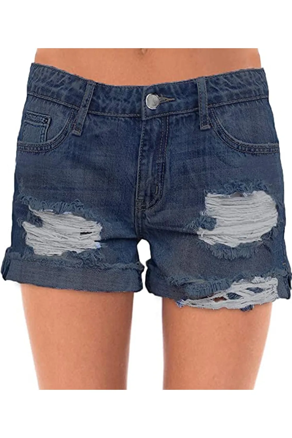 Mid Rise Ripped Stretchy Denim Shorts