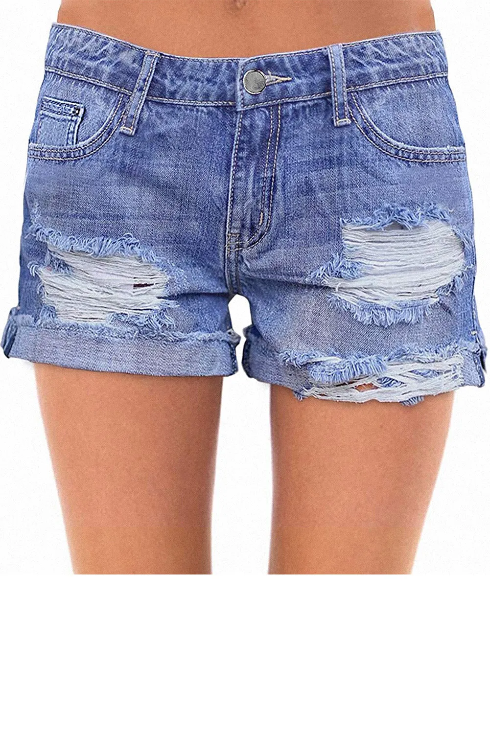 Mid Rise Ripped Stretchy Denim Shorts