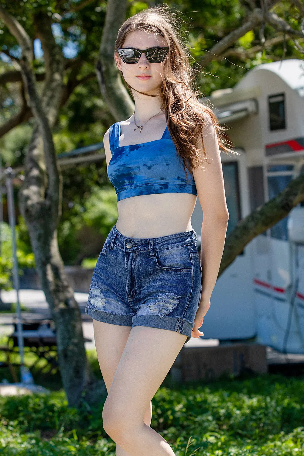 Mid Rise Ripped Stretchy Denim Shorts