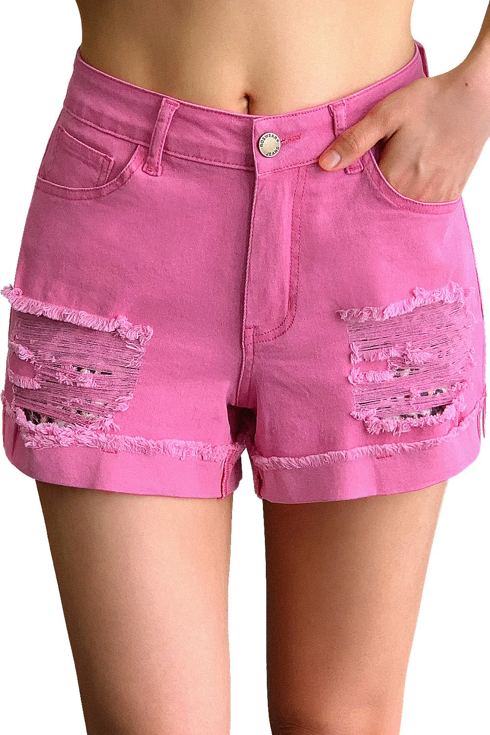 Mid Rise Ripped Stretchy Denim Shorts