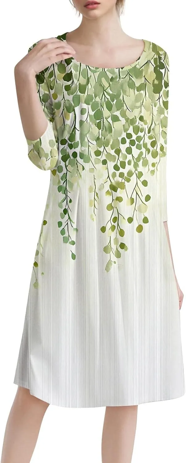 Modest Dresses for Women Floral Dress 3/4 Sleeve Round Neck Graphic Pleated Elegant A Line Midi Sundress, S-3Xl