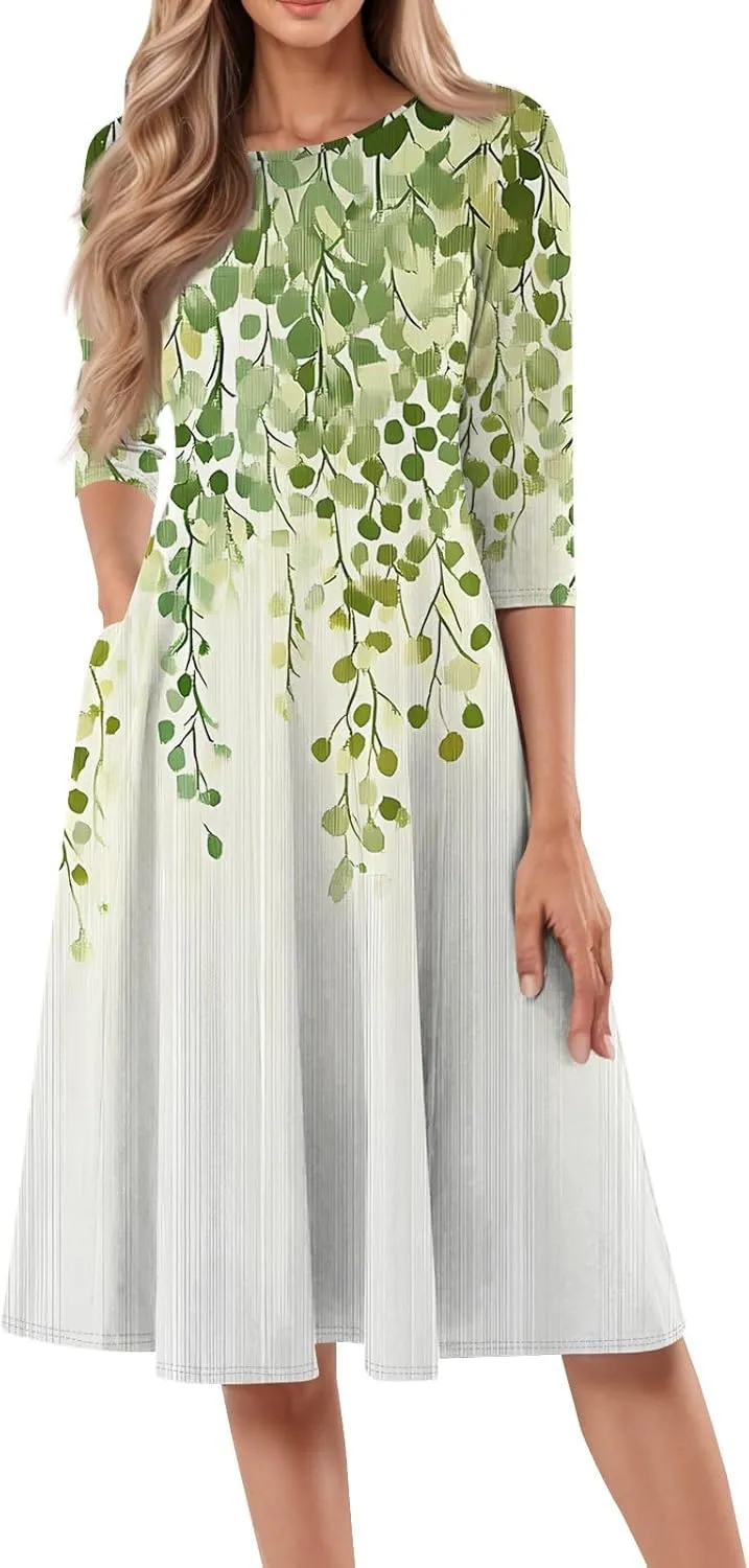Modest Dresses for Women Floral Dress 3/4 Sleeve Round Neck Graphic Pleated Elegant A Line Midi Sundress, S-3Xl