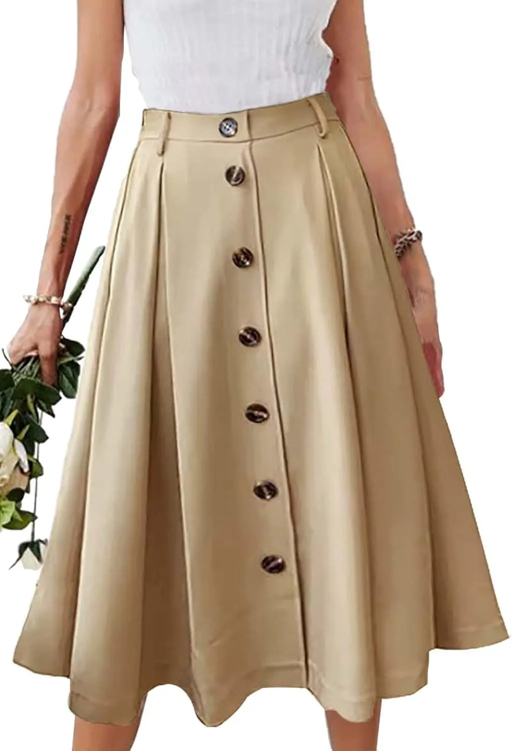 Pleated A-line Midi Skirt Elastic Waist Button Front Casual Flared Long Skirts with Pocket for Women