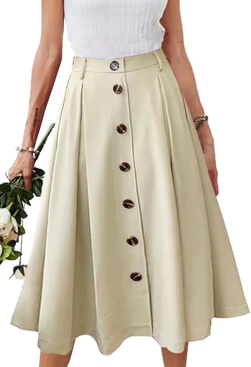 Pleated A-line Midi Skirt Elastic Waist Button Front Casual Flared Long Skirts with Pocket for Women