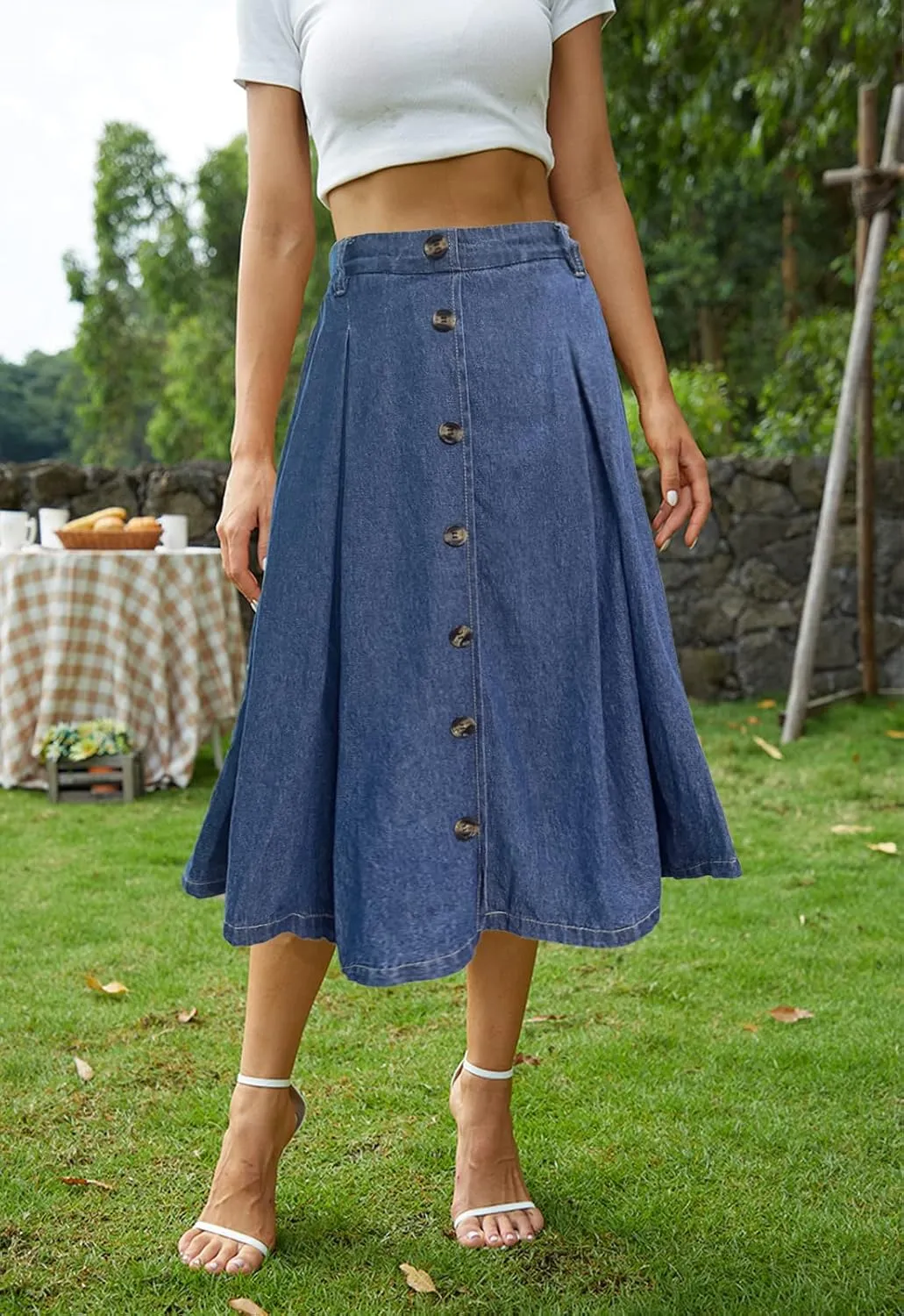 Pleated A-line Midi Skirt Elastic Waist Button Front Casual Flared Long Skirts with Pocket for Women