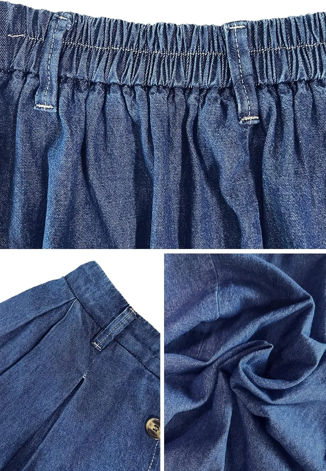 Pleated A-line Midi Skirt Elastic Waist Button Front Casual Flared Long Skirts with Pocket for Women
