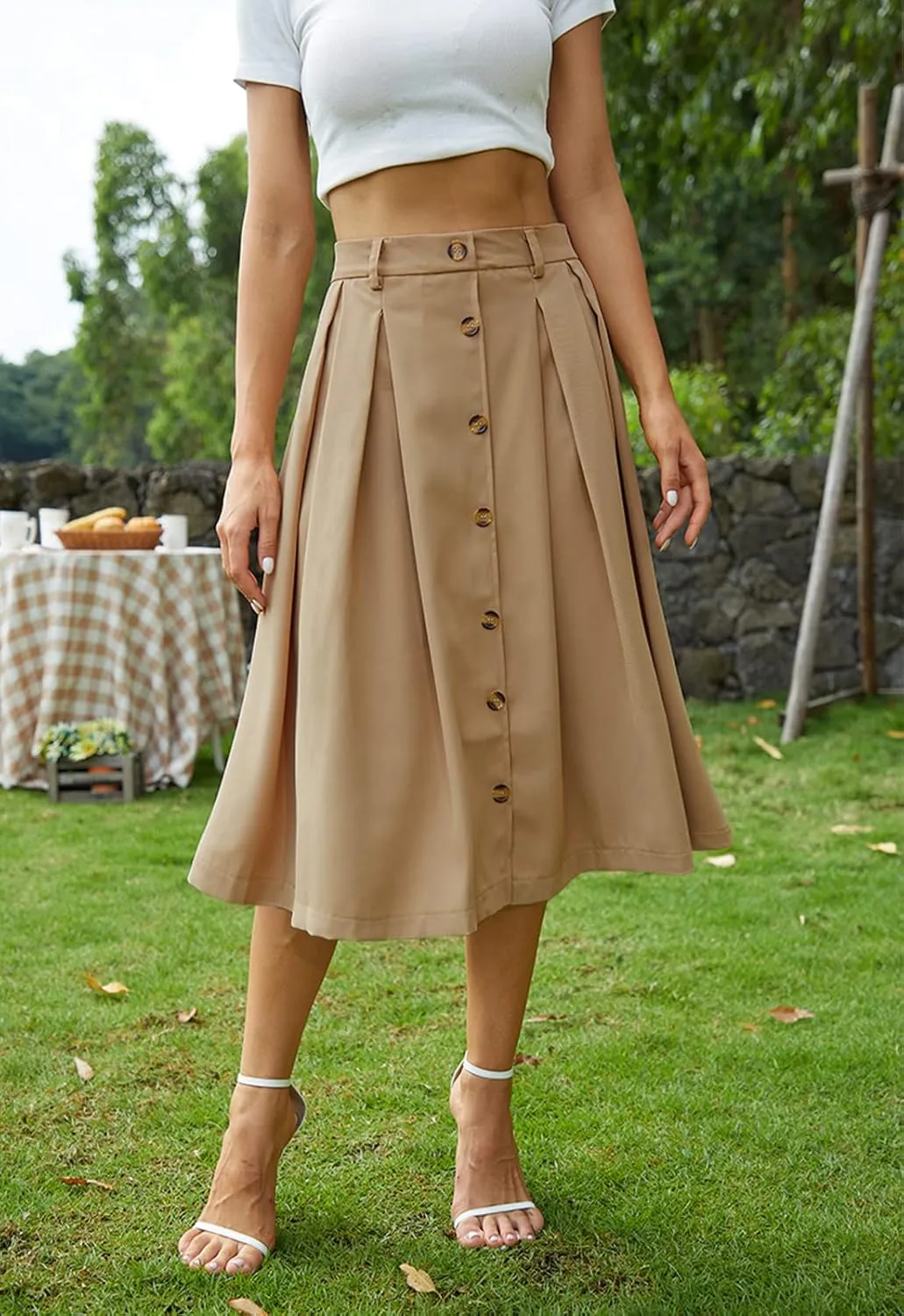 Pleated A-line Midi Skirt Elastic Waist Button Front Casual Flared Long Skirts with Pocket for Women