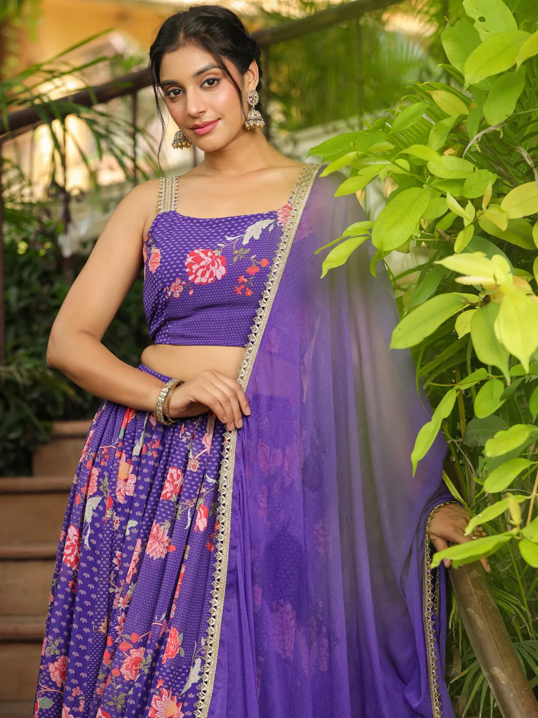 Purple Georgette Floral Printed Gathered Lehenga Choli Set