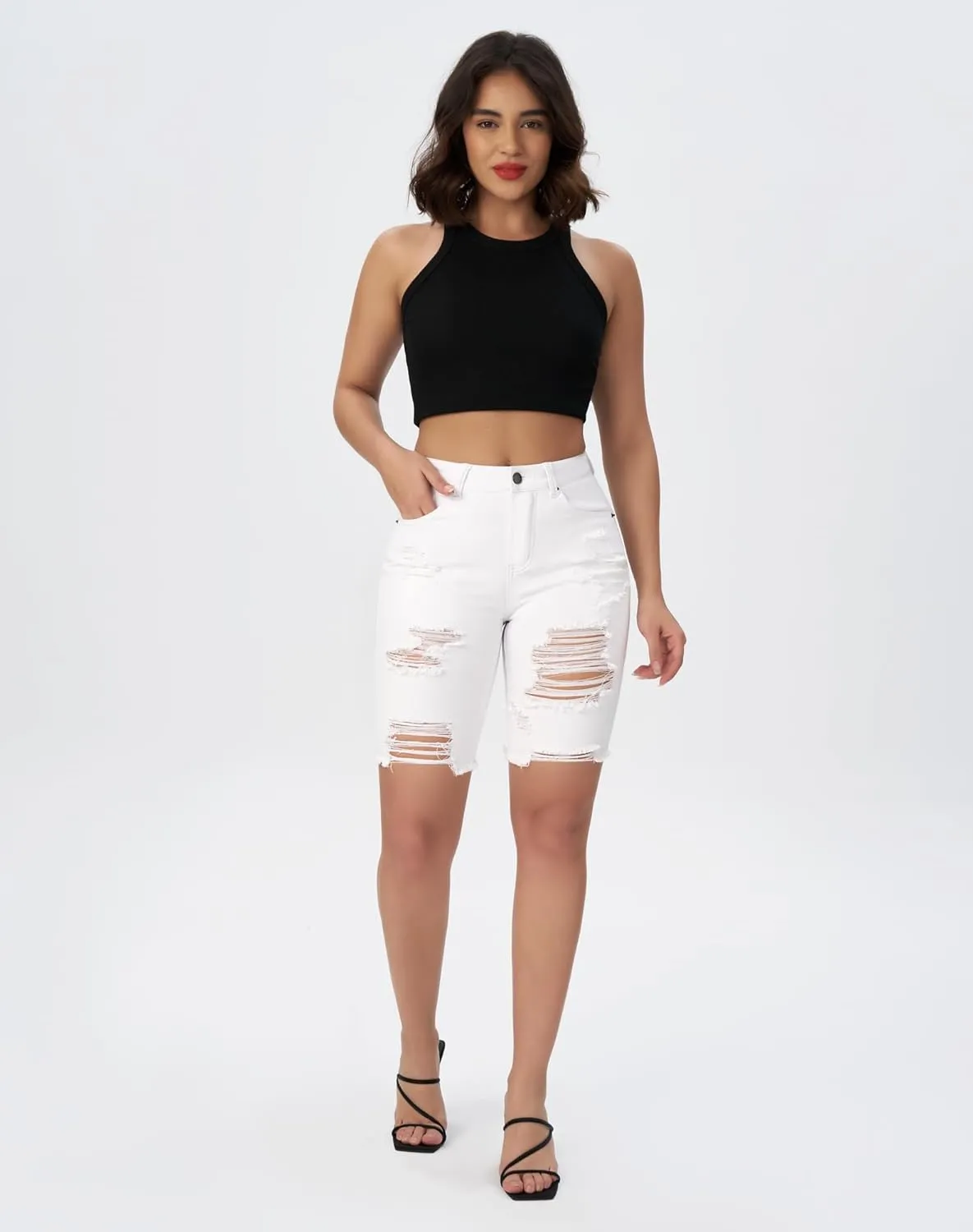 roswear Women's High Waisted Ripped Bermuda Denim Shorts Stretchy Knee Length Jean Shorts