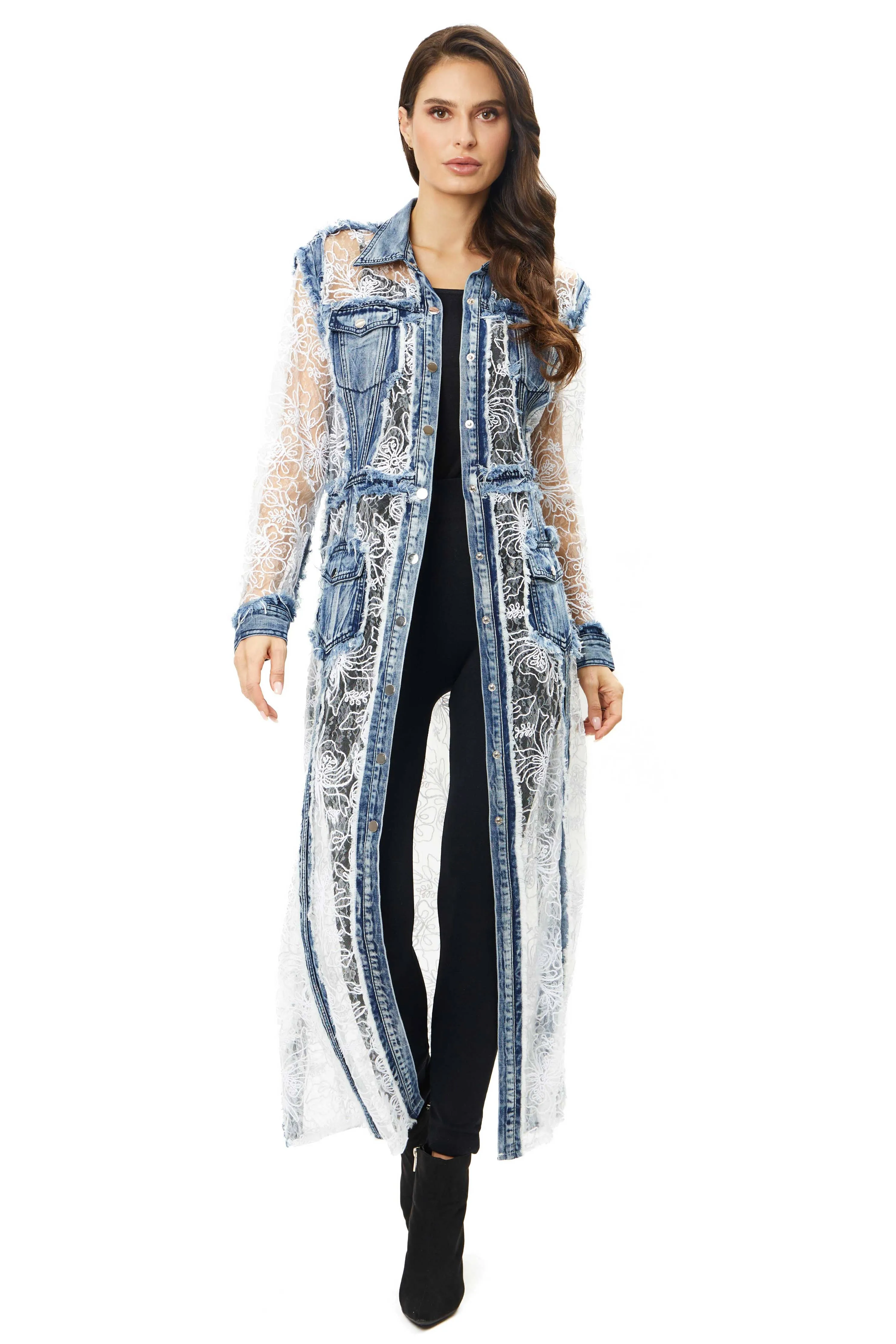 Sale - Snow White Long Denim Duster with White Mesh