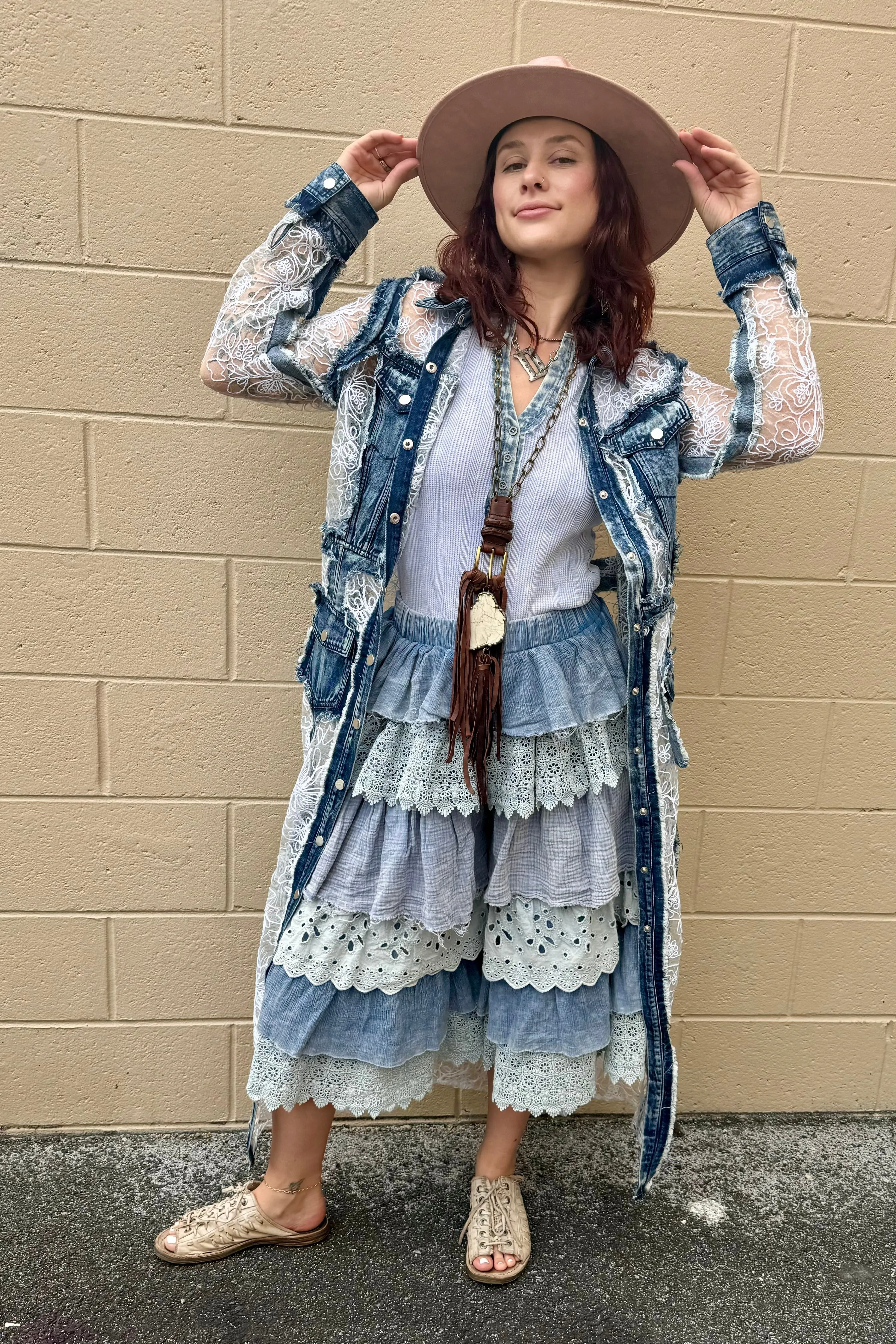 Sale - Snow White Long Denim Duster with White Mesh
