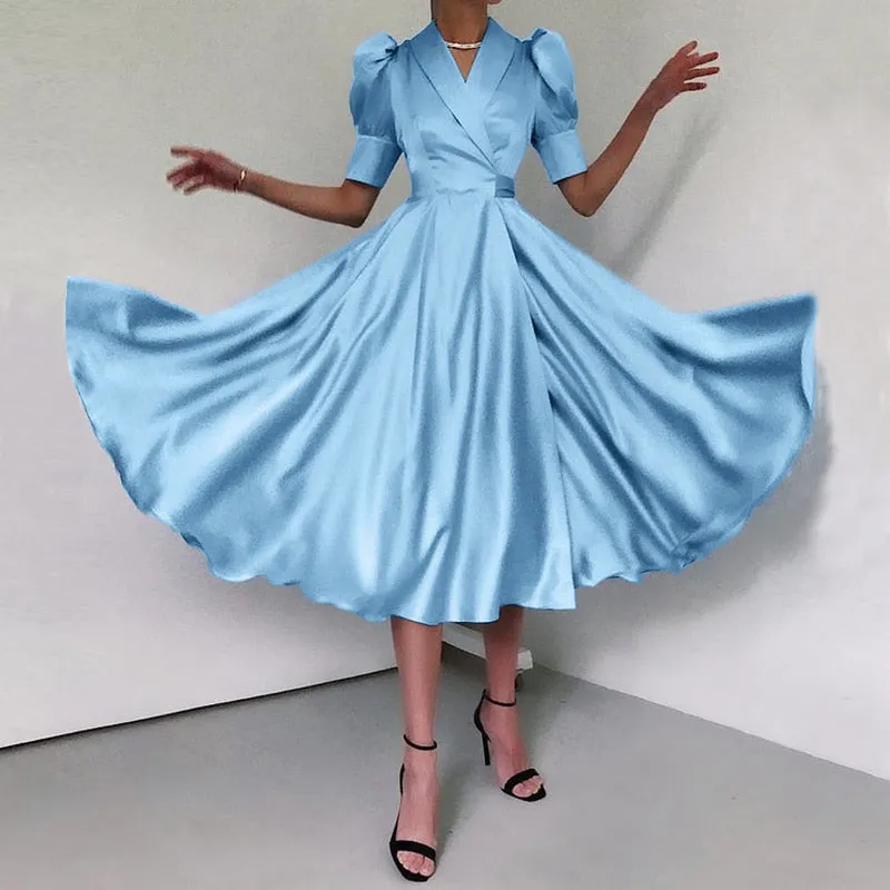 Sexy V-Neck Elegant Satin Shirt Dress 2022 Women Summer Sundress Casual Puff Sleeve Bandage Pleated Solid Party Vestidos